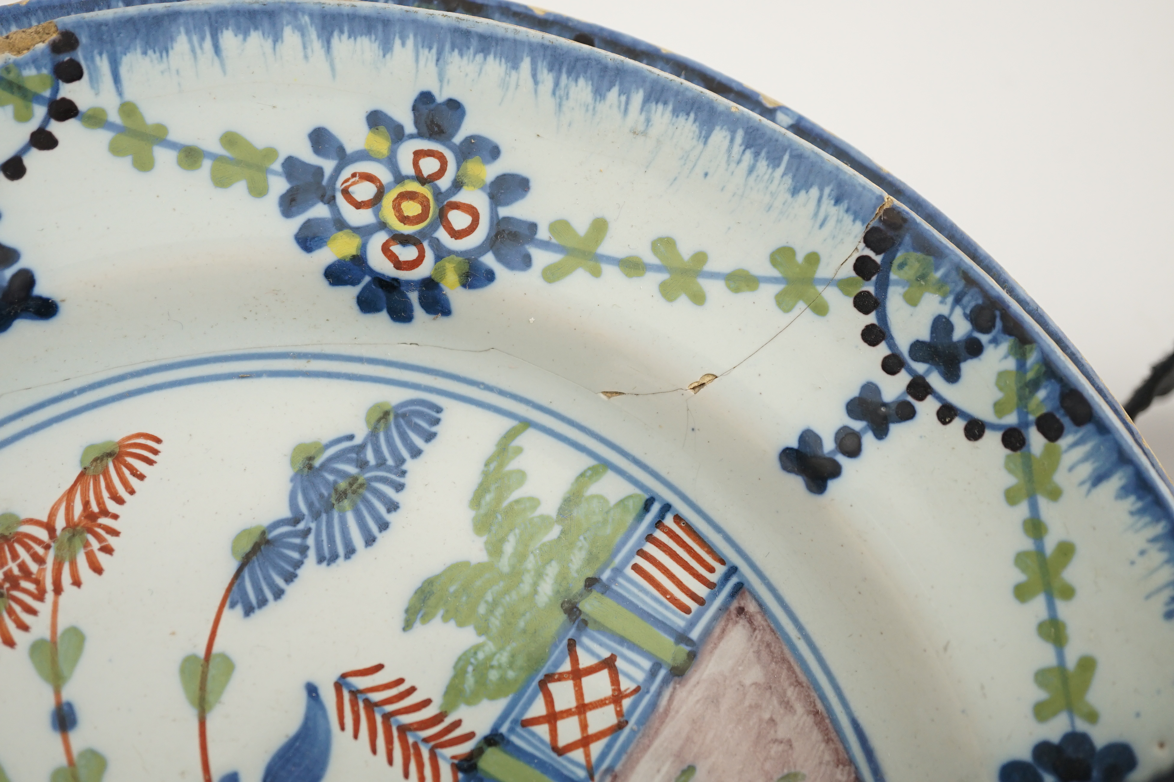 A set of six London delftware polychrome plates, late 18th century